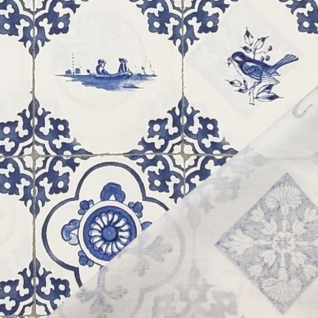 Tessuto misto cotone maioliche estate mare blu bianco per tessili casa